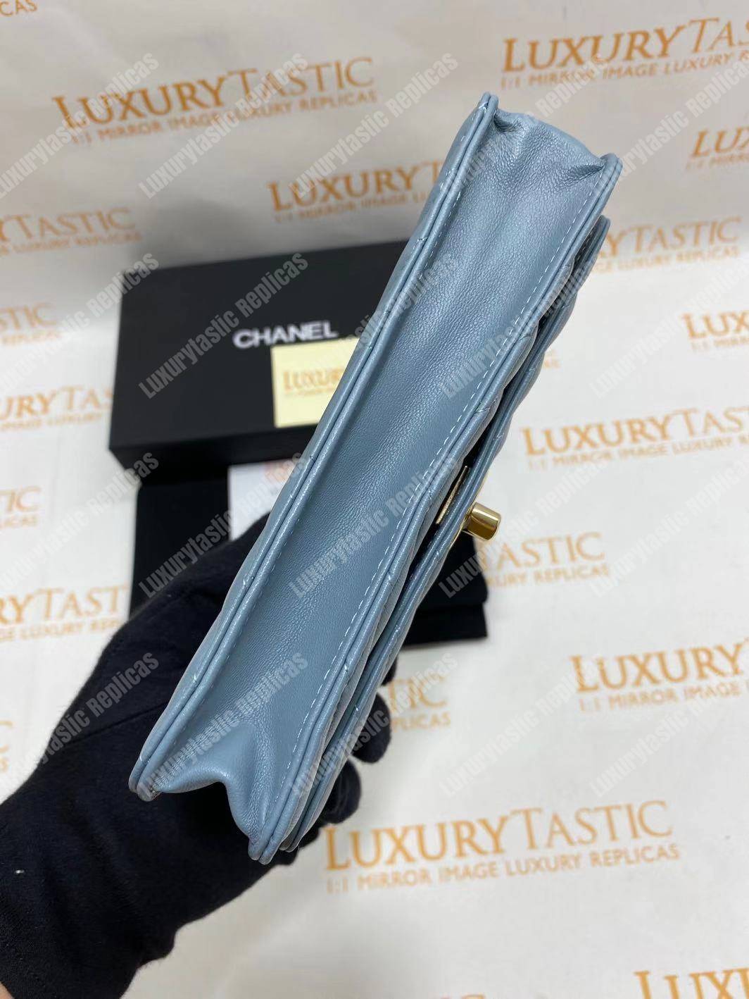 Ch*el wallet on chain – woc chevron lambskin gold-toned metal light blue