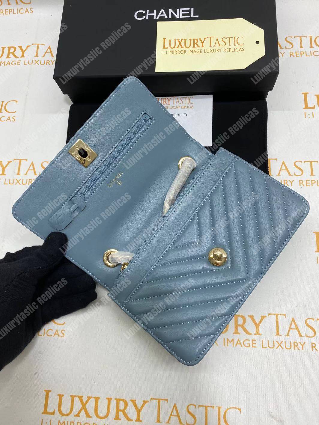 Ch*el wallet on chain – woc chevron lambskin gold-toned metal light blue