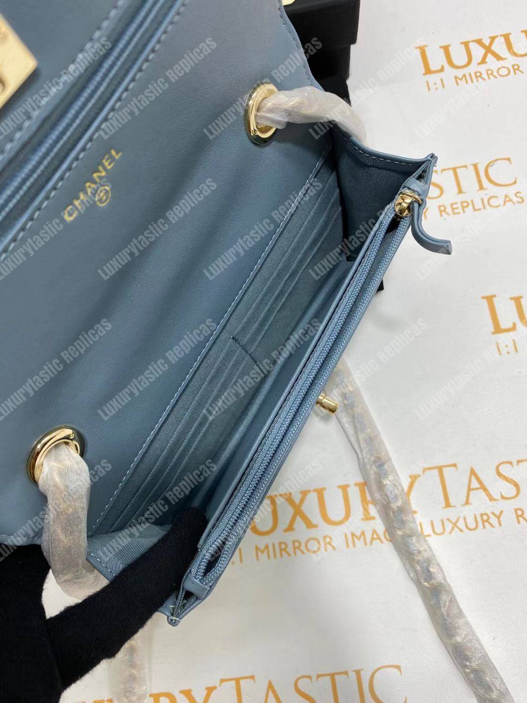 Ch*el wallet on chain – woc chevron lambskin gold-toned metal light blue