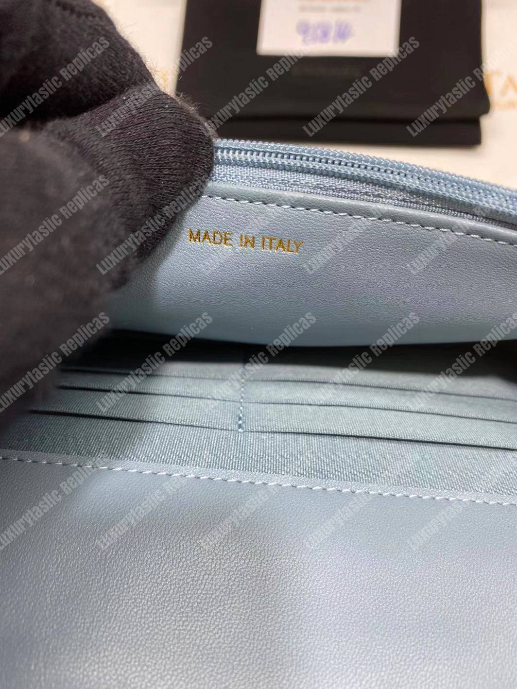 Ch*el wallet on chain – woc chevron lambskin gold-toned metal light blue