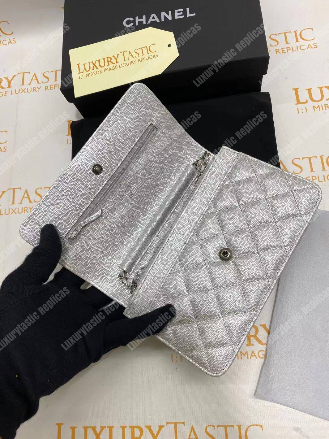 Ch*el le boy wallet on chain – woc white caviar silver-toned