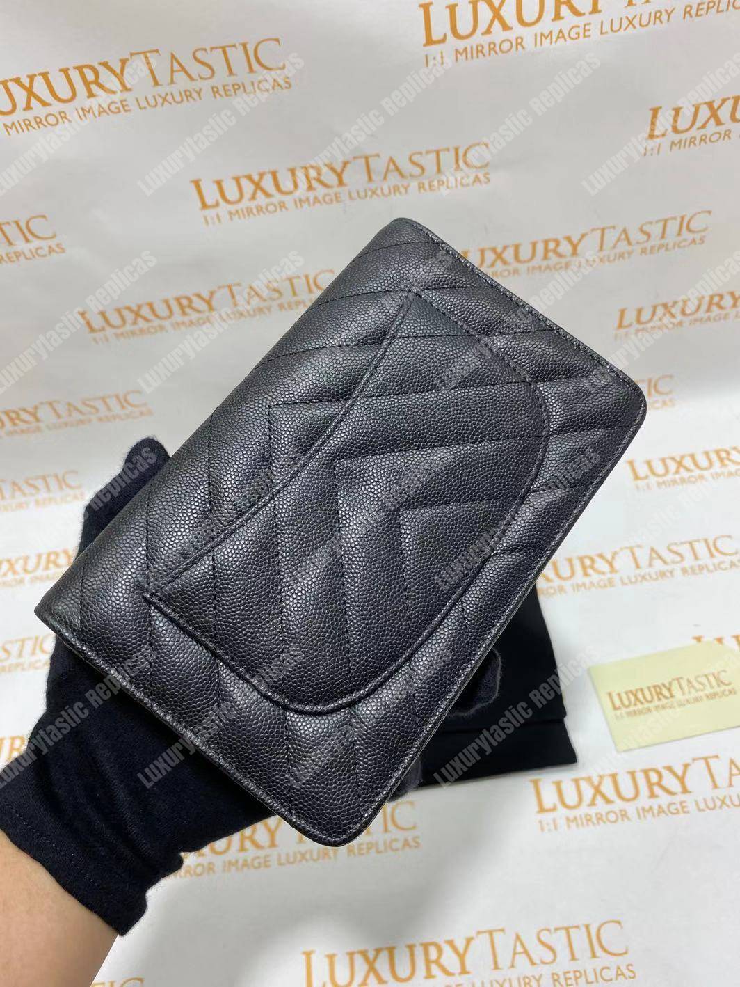 Ch*el wallet on chain – woc classic caviar gold-toned metal black