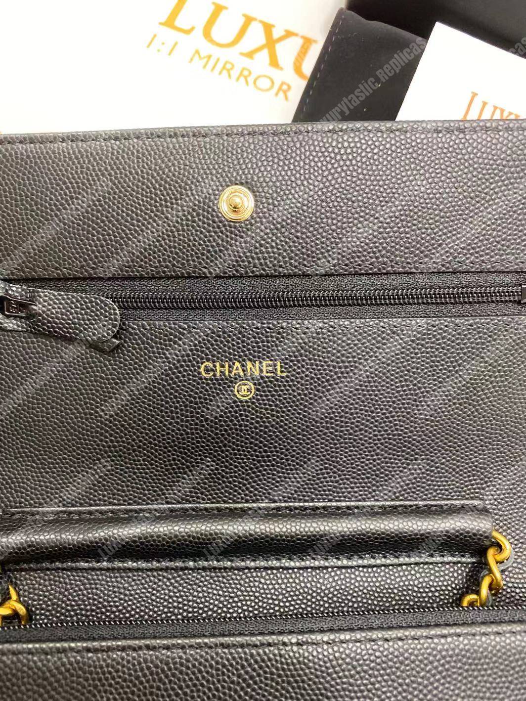 Ch*el wallet on chain – woc classic caviar gold-toned metal black