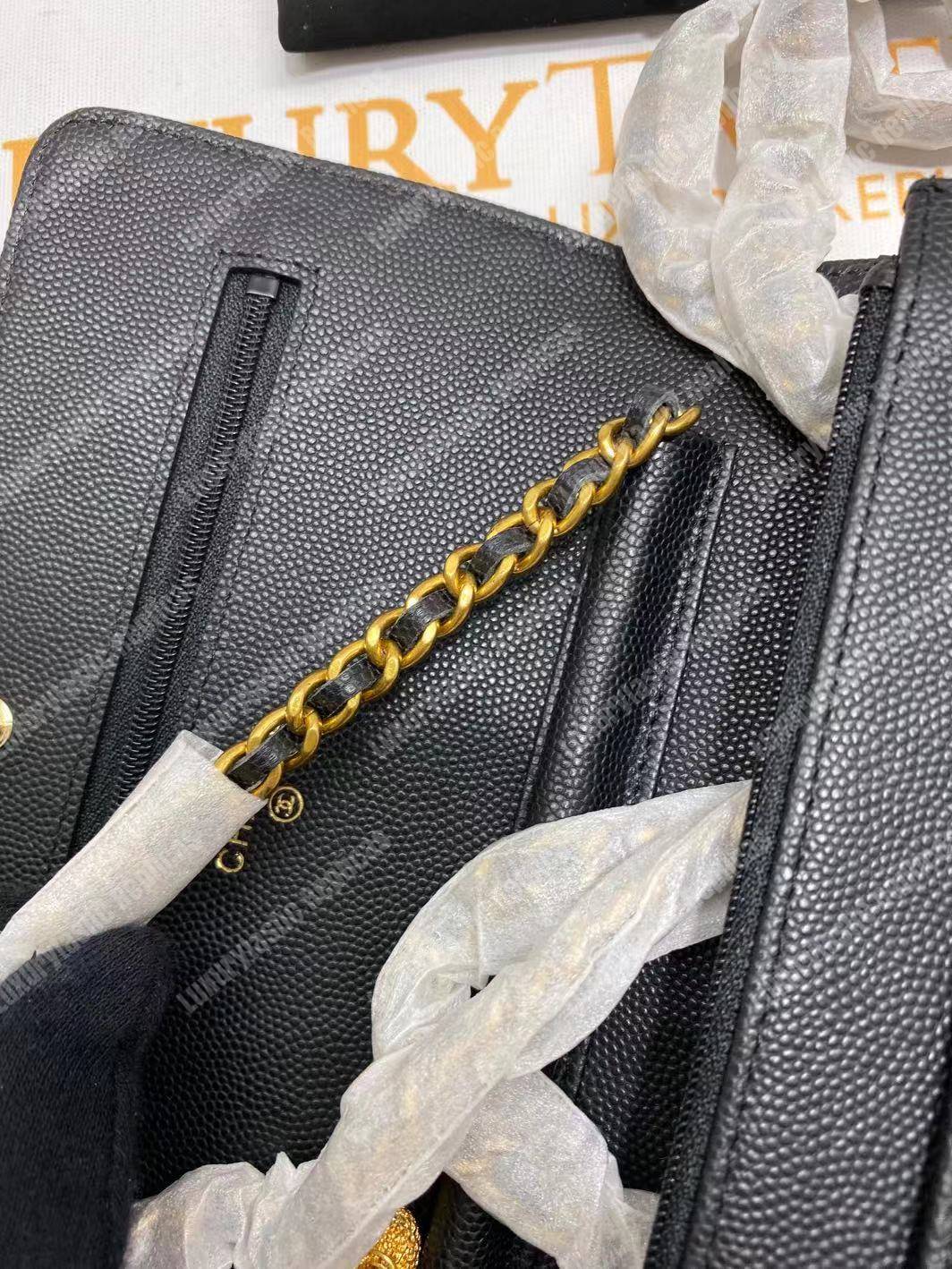 Ch*el wallet on chain – woc classic caviar gold-toned metal black