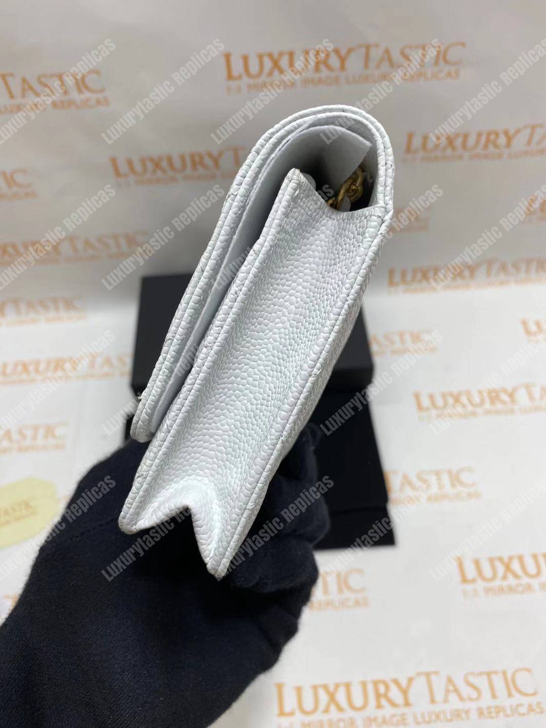 Ch*el wallet on chain – woc classic caviar gold-toned metal white