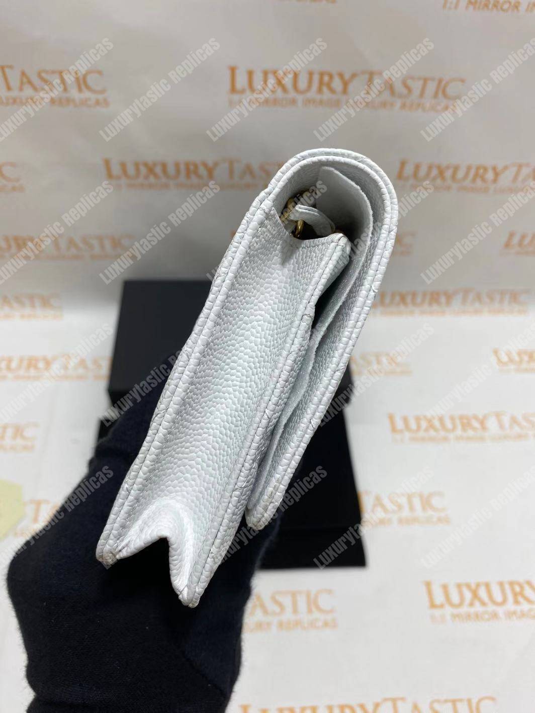 Ch*el wallet on chain – woc classic caviar gold-toned metal white