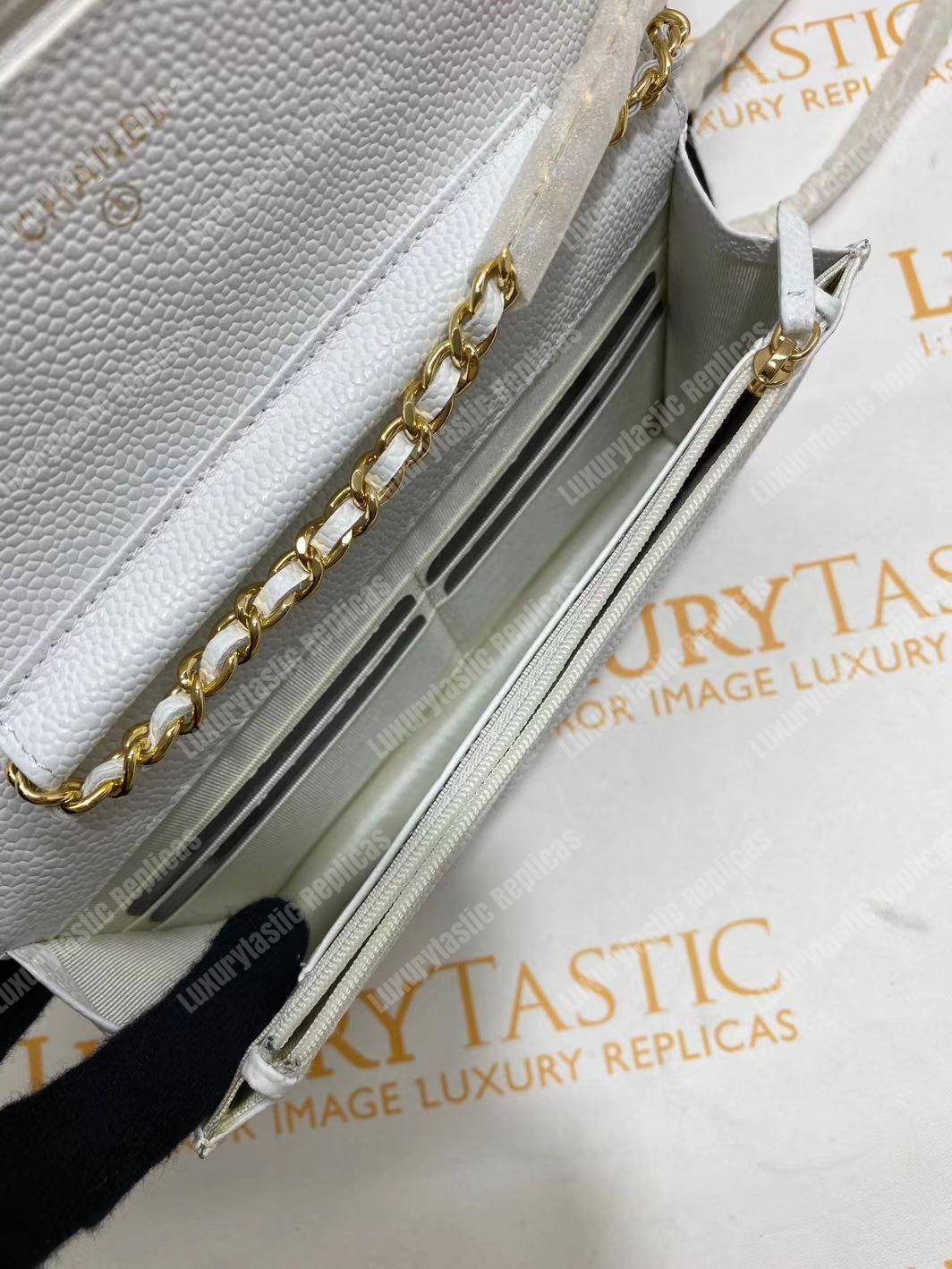 Ch*el wallet on chain – woc classic caviar gold-toned metal white