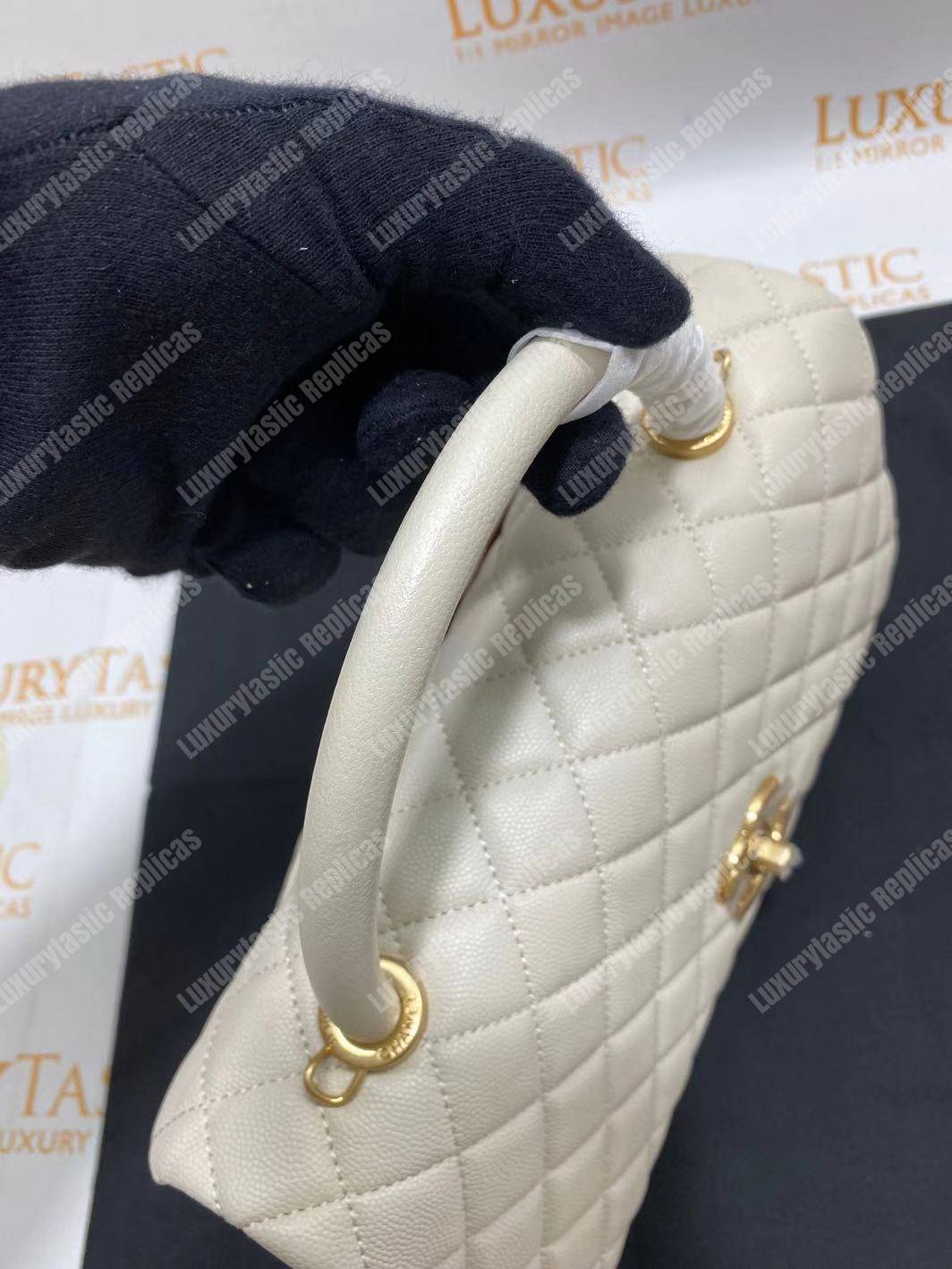 Ch*el flap bag with top handle white