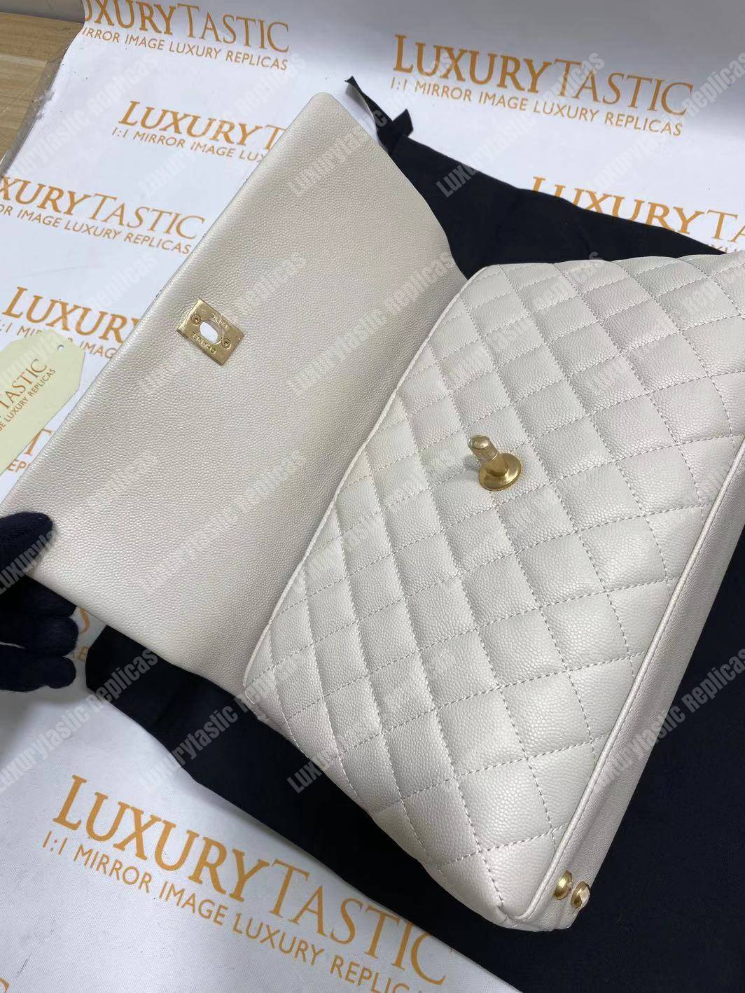 Ch*el flap bag with top handle white