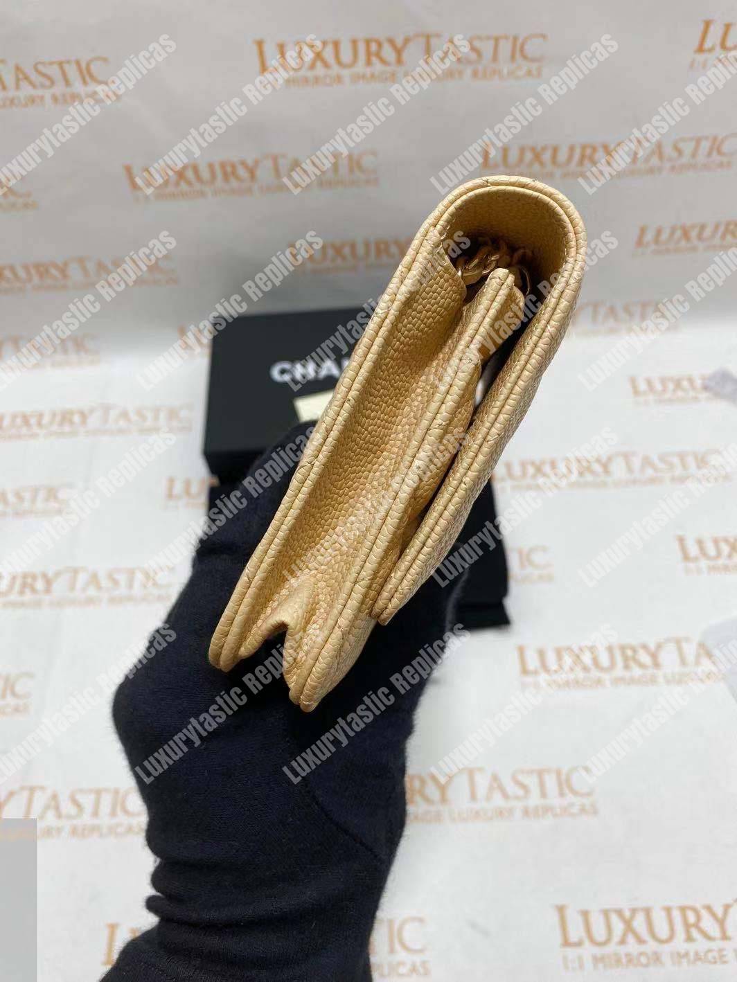 Ch*el wallet on chain – woc quilted lambskin beige gold-toned