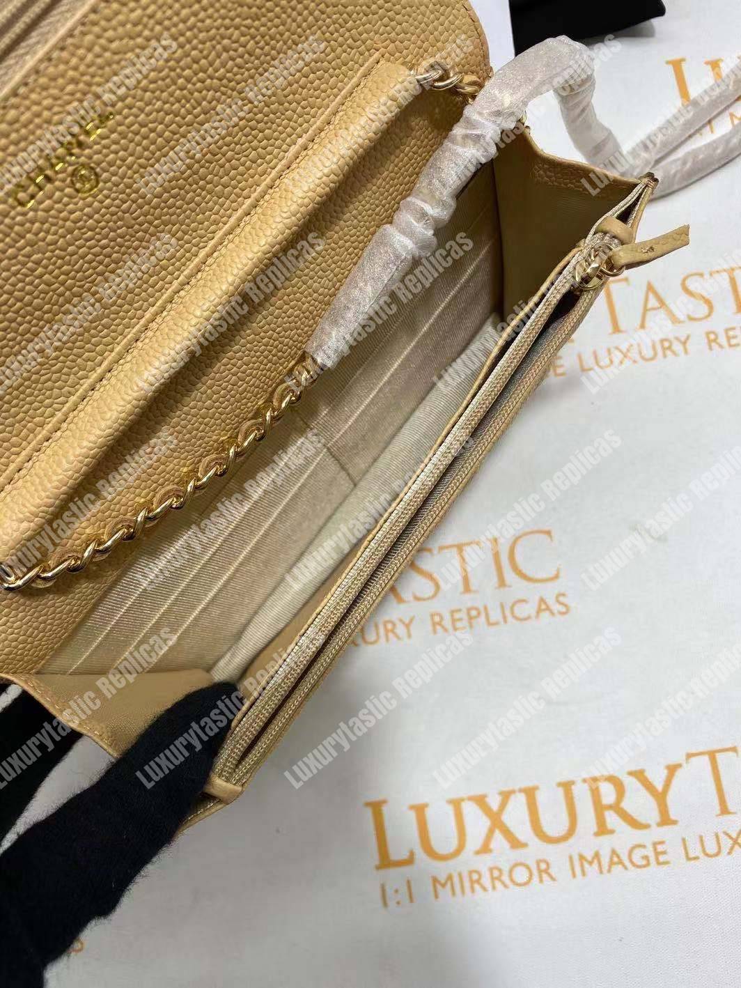 Ch*el wallet on chain – woc quilted lambskin beige gold-toned