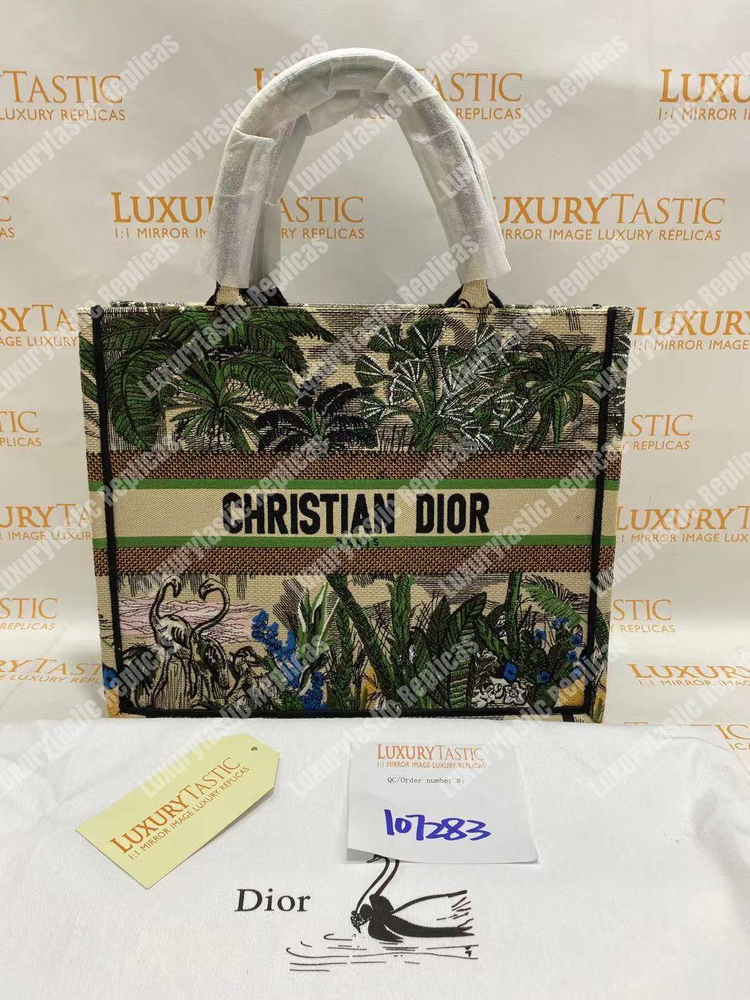 D*or book tote bag in embroidered canvas leaf green toile de jouy tropicalia