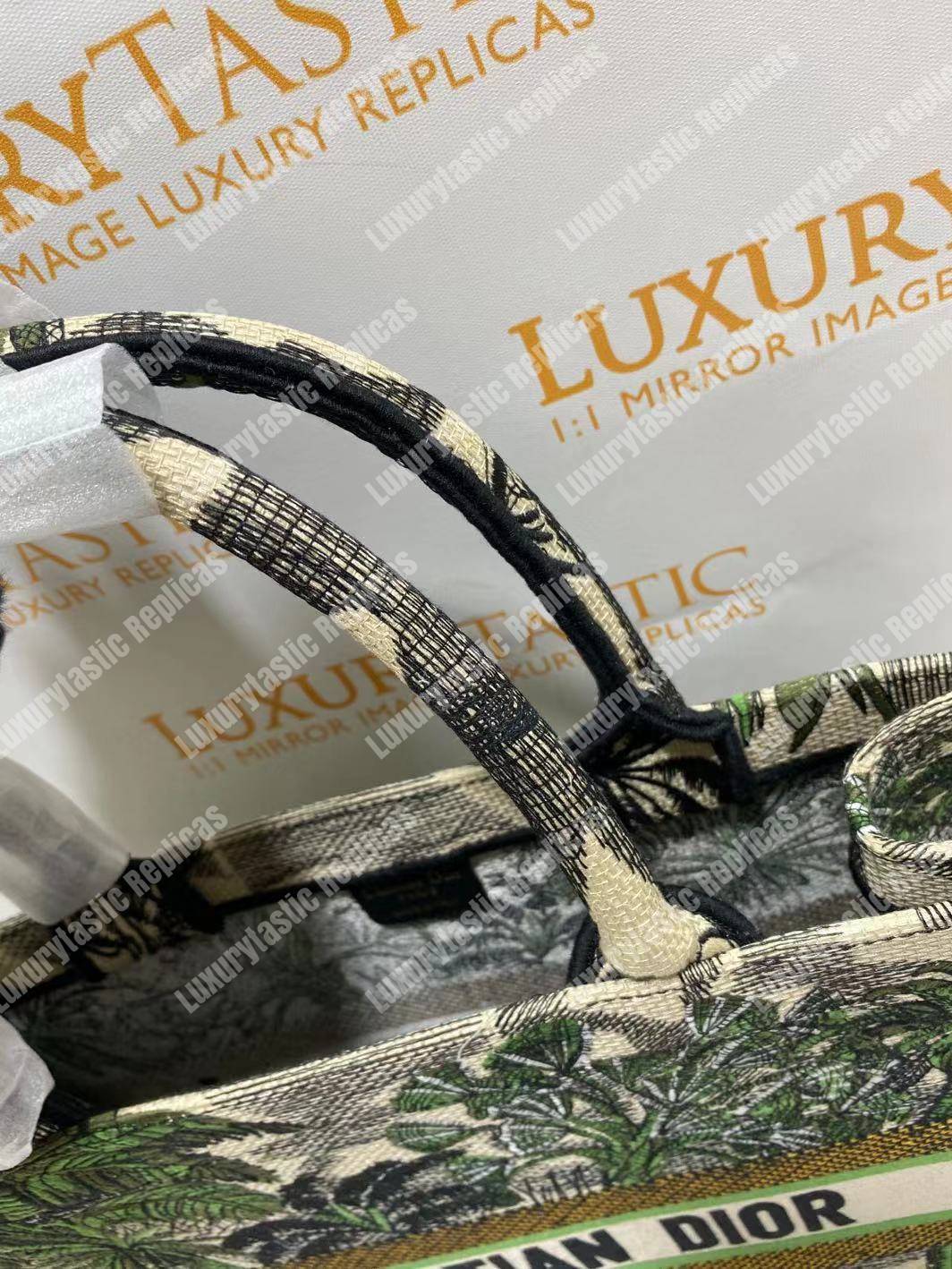 D*or book tote bag in embroidered canvas leaf green toile de jouy tropicalia