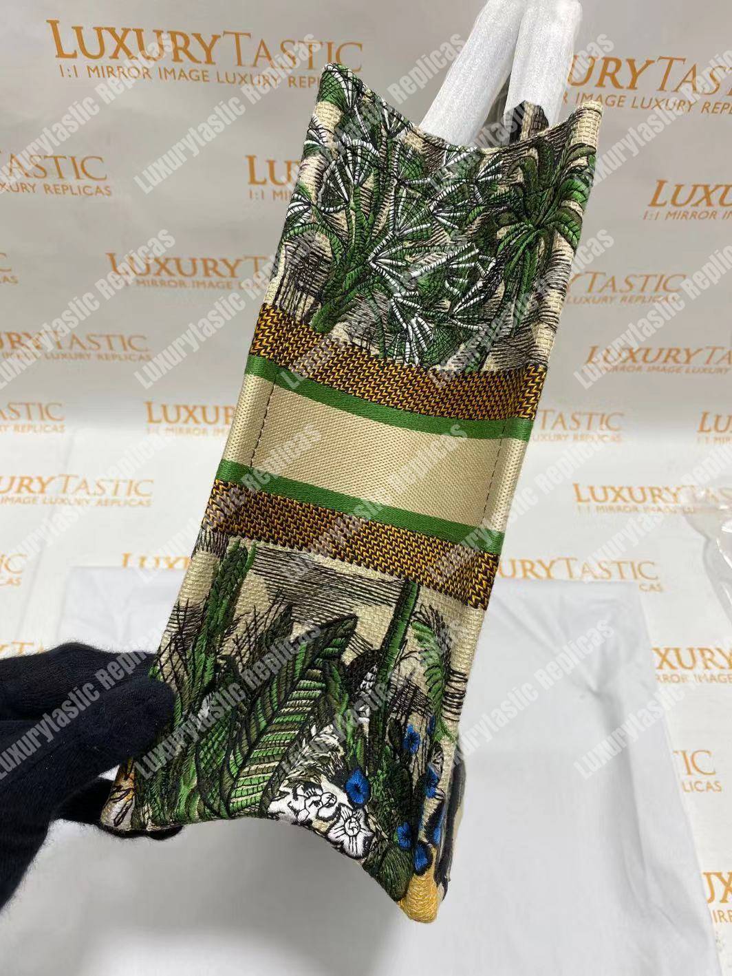 D*or book tote bag in embroidered canvas leaf green toile de jouy tropicalia