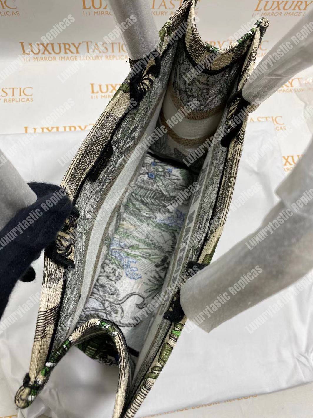 D*or book tote bag in embroidered canvas leaf green toile de jouy tropicalia