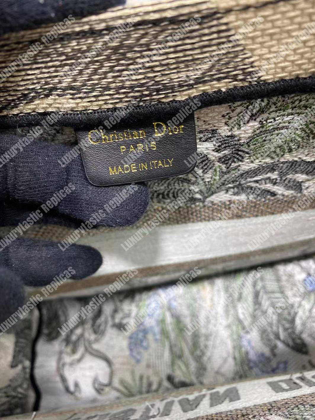 D*or book tote bag in embroidered canvas leaf green toile de jouy tropicalia