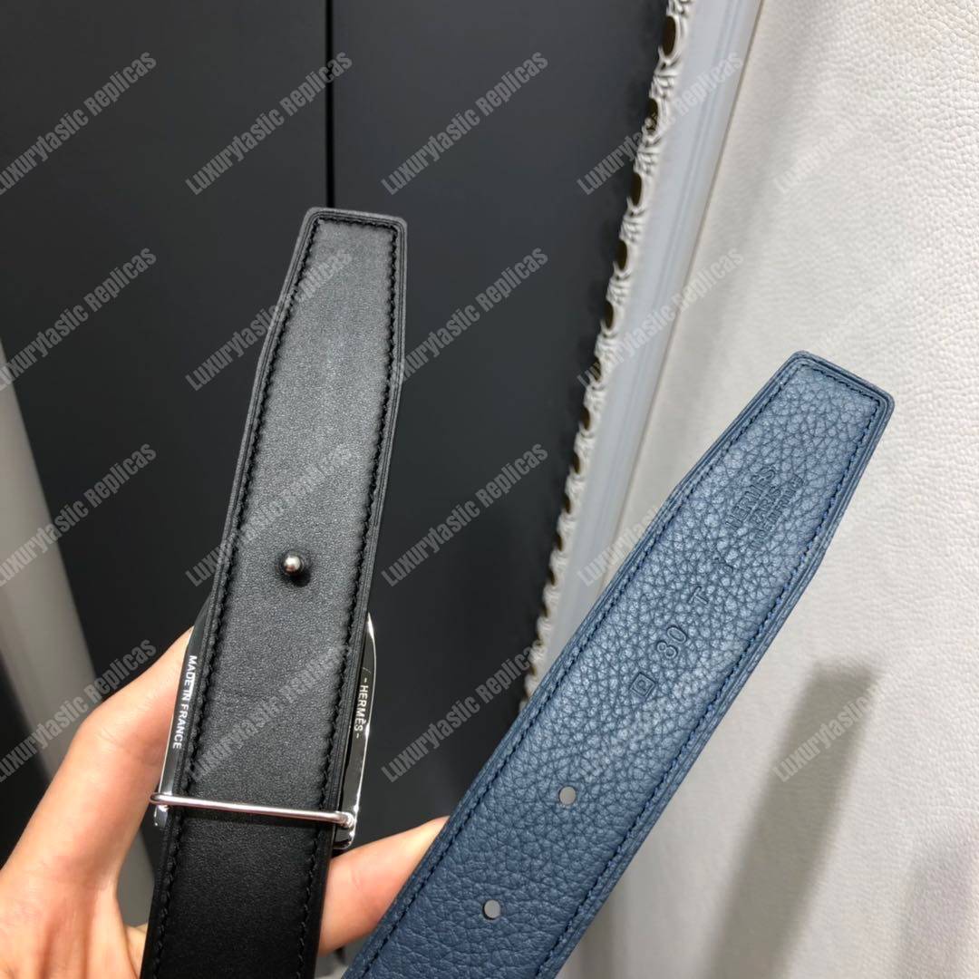 H**mes etrier buckle & reversible leather strap 32 mm noir / bleu de prusse