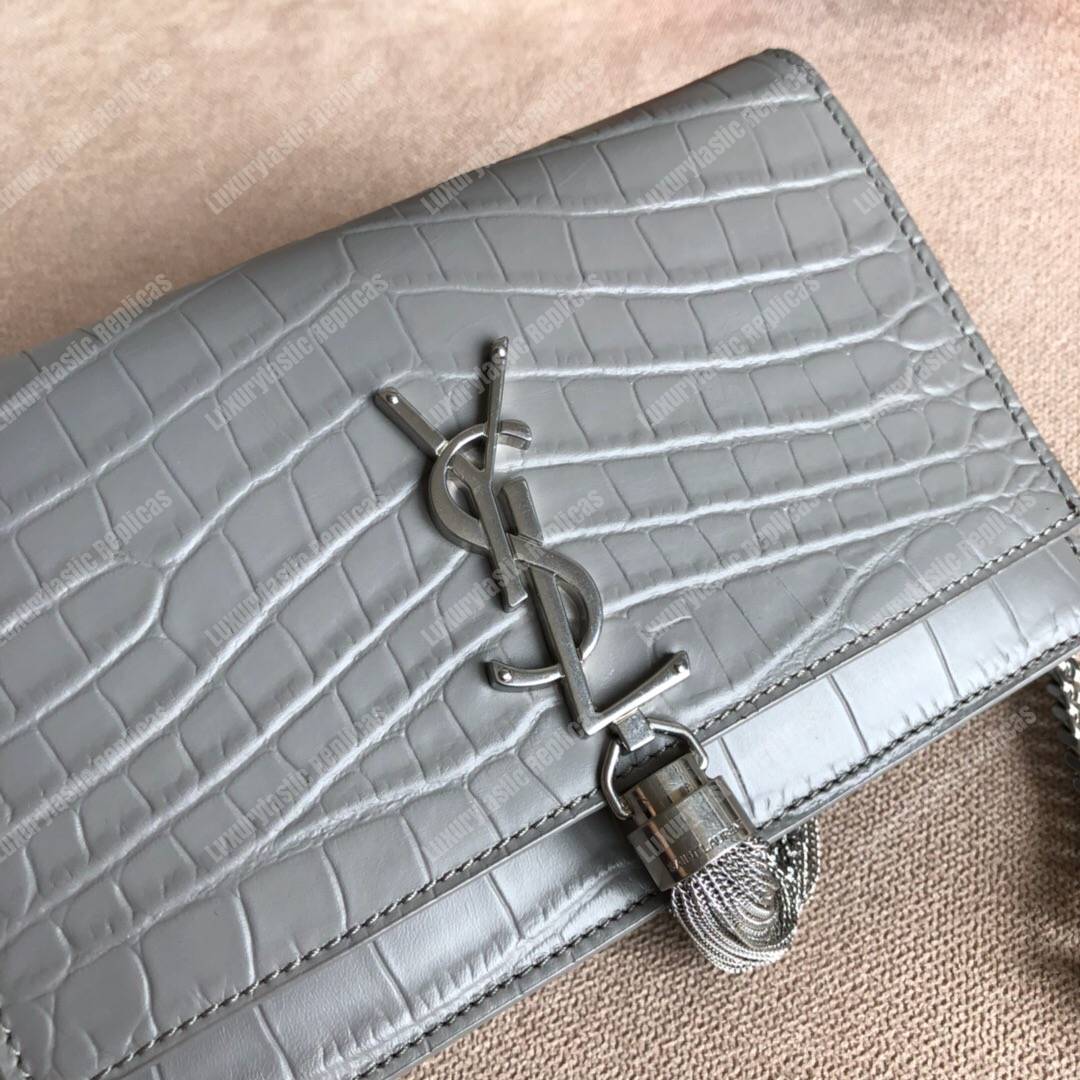 Saint Laurent Kate Chain Wallet With Tassel Earth Grey Crocodile