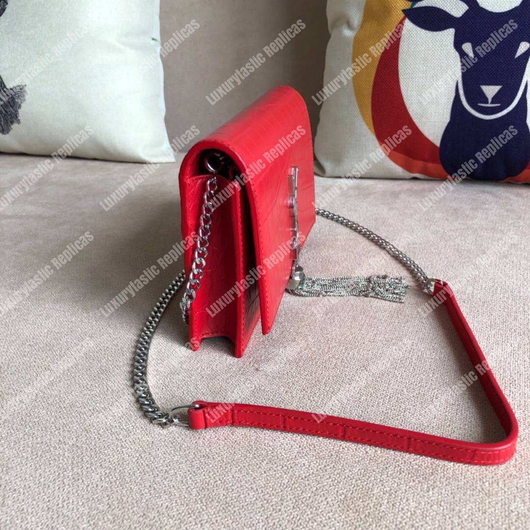 Saint Laurent Kate Chain Wallet With Tassel Red Crocodile
