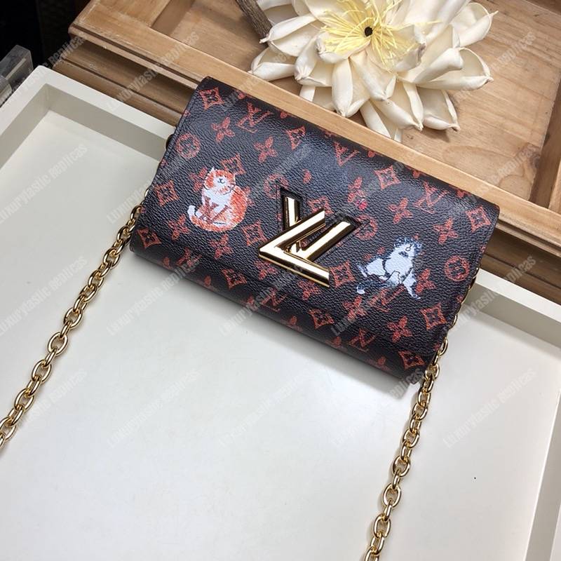 LV Twist Chain Wallet Catogram Dogs and Cats Brown Orange