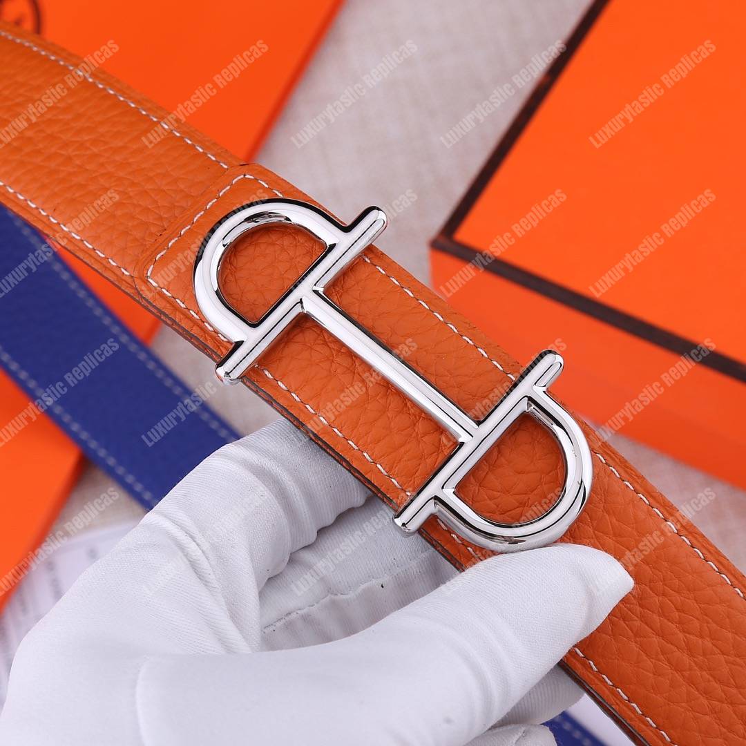 H**mes gamma belt buckle sellier reversible leather strap orange / blue