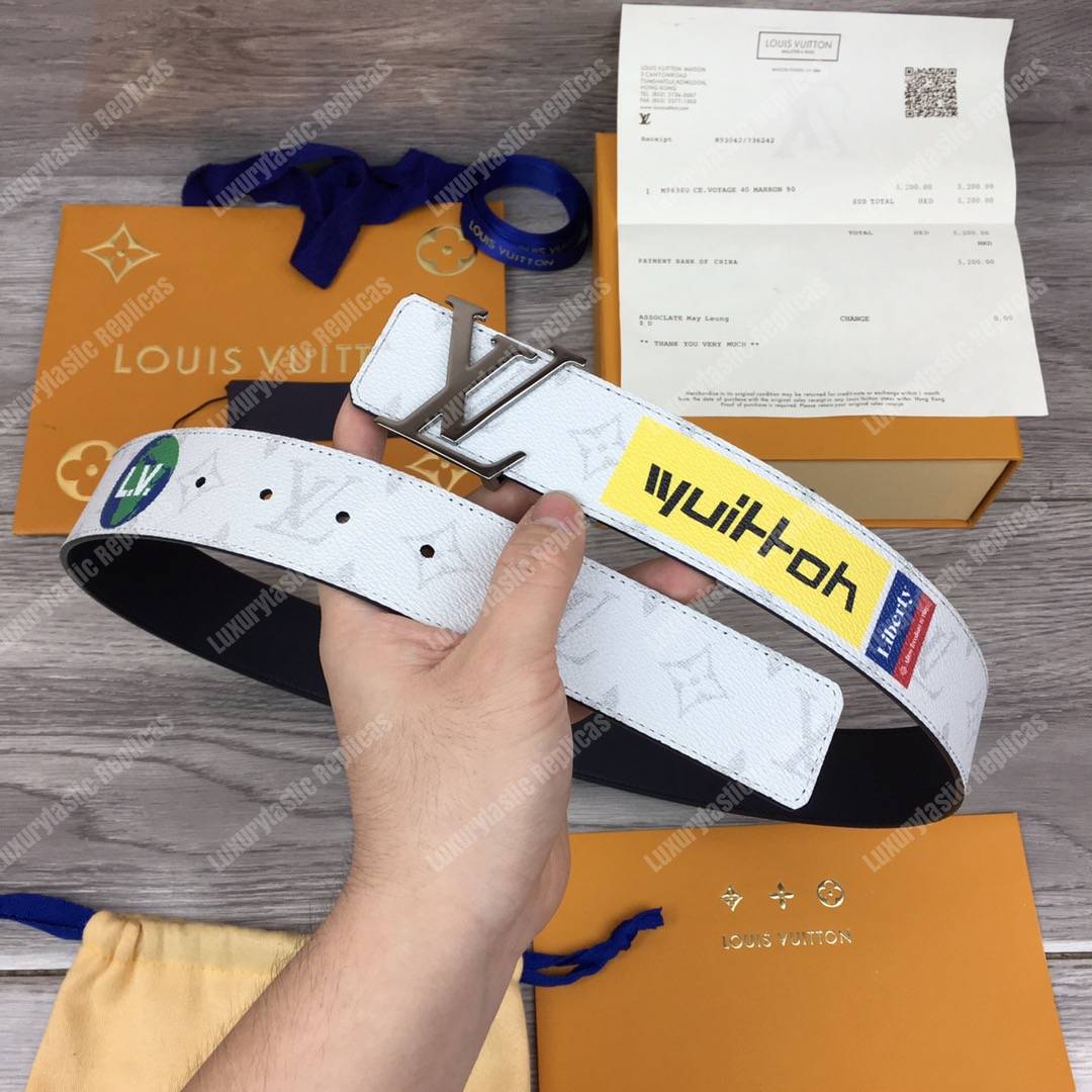 LV White Initiales With Printed Stickers 40MM Reversible Leather Belt Gold Hardware