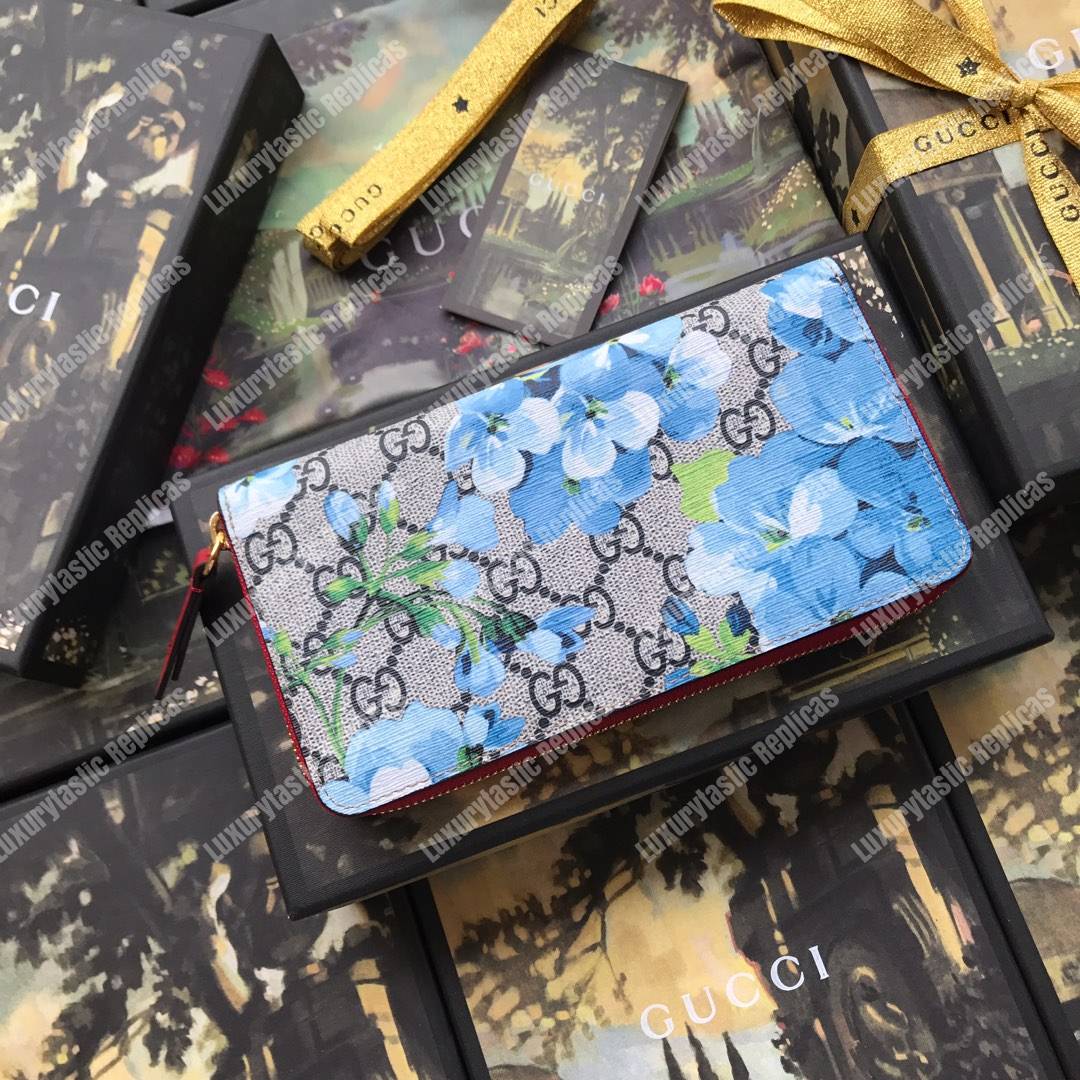 G*u*i gg blue blooms sup*e zip around wallet antique rose
