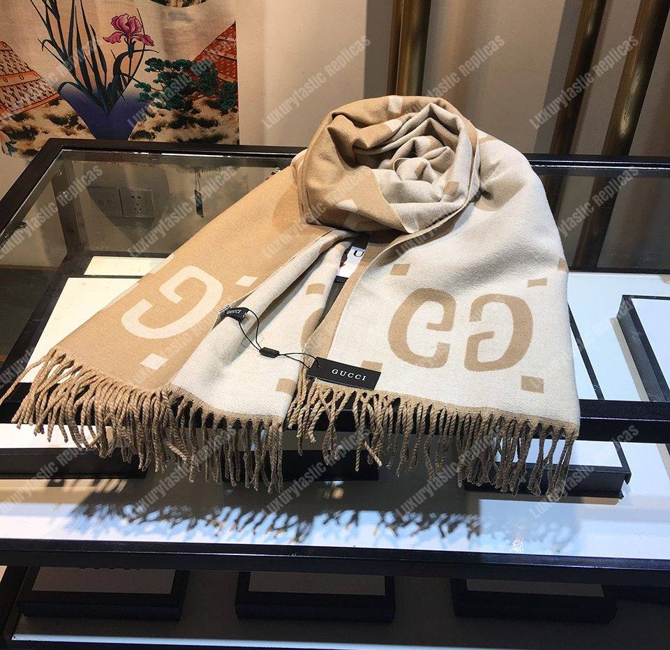 G*u*i gg jacquard wool silk scarf taupe & ivory