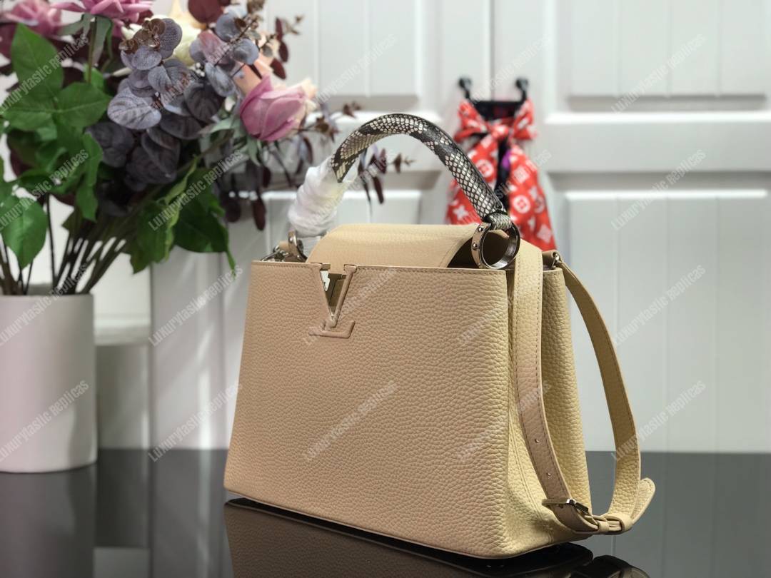 LV Capucines PM Taurillon Leather Python Crème Beige
