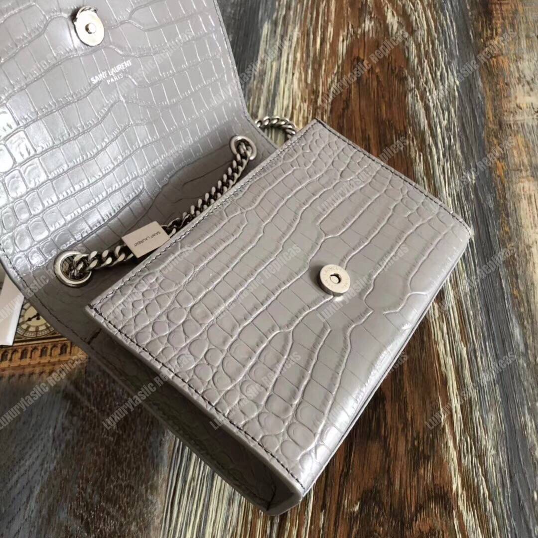 Saint Laurent Classic Small Kate Monogram Earth Grey Crocodile