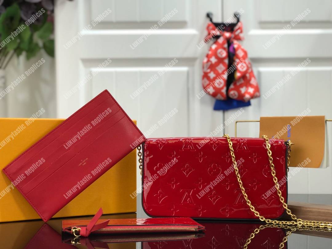 LV Pochette Felicie Monogram Vernis Leather Cerise