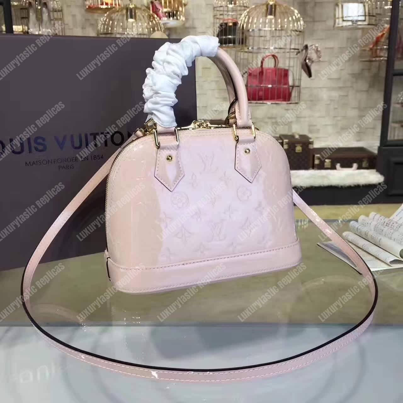 LV Alma BB Tote Bag Monogram Vernis Rose Ballerine