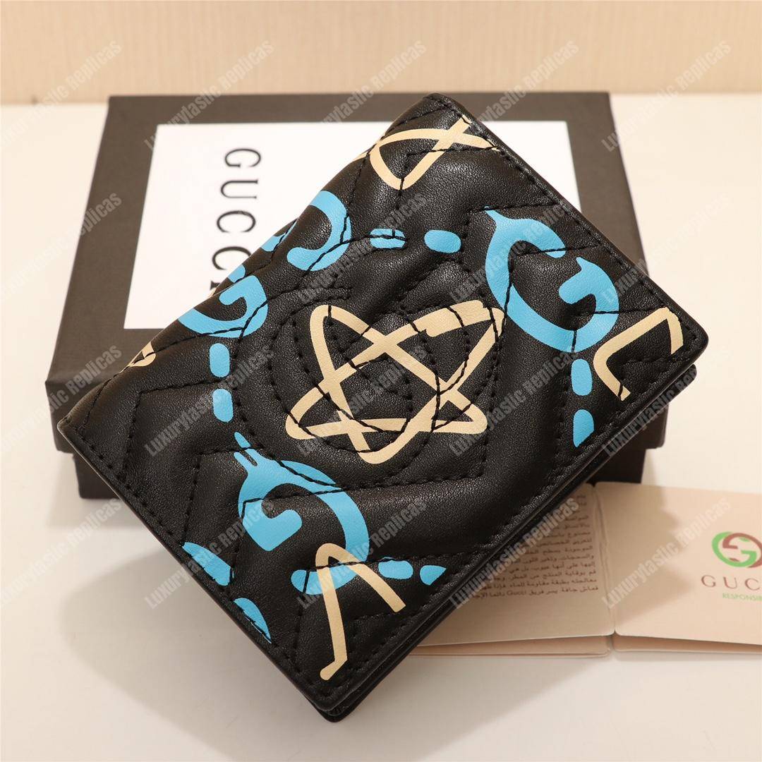 G*u*i gg blue G*u*ighost print matelassé card case wallet black