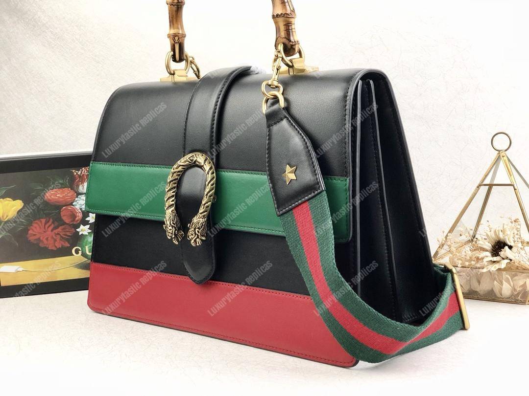G*u*i dionysus large smooth leather bamboo top handle bag blue/green/red