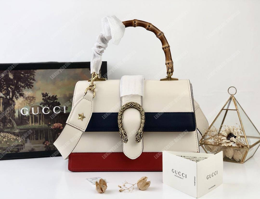 G*u*i dionysus medium smooth leather bamboo top handle bag white/blue/red