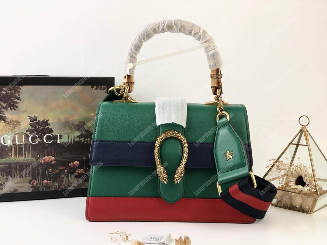 G*u*i dionysus medium smooth leather bamboo top handle bag green/blue/red