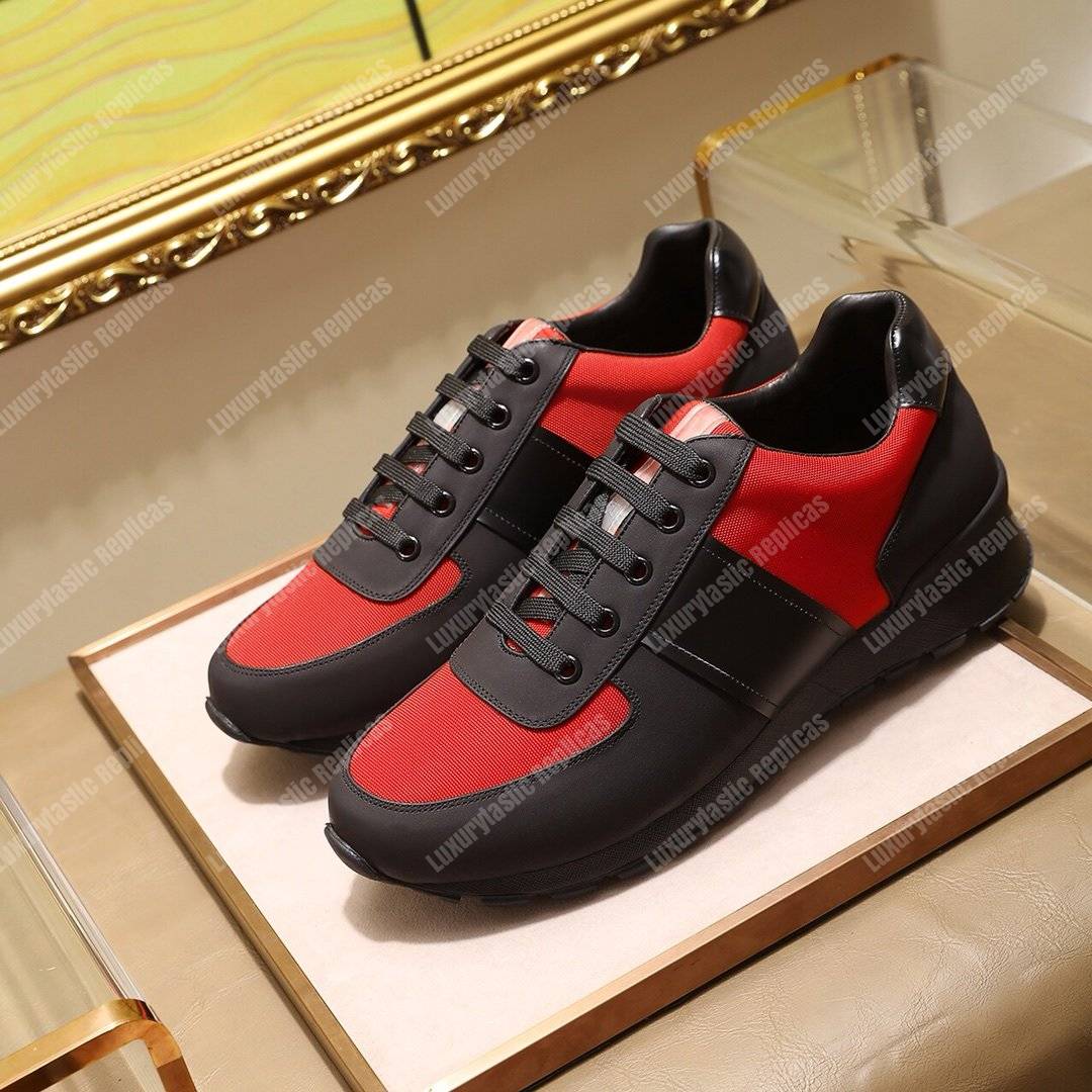 Pra*a fabric and leather sneakers red/black
