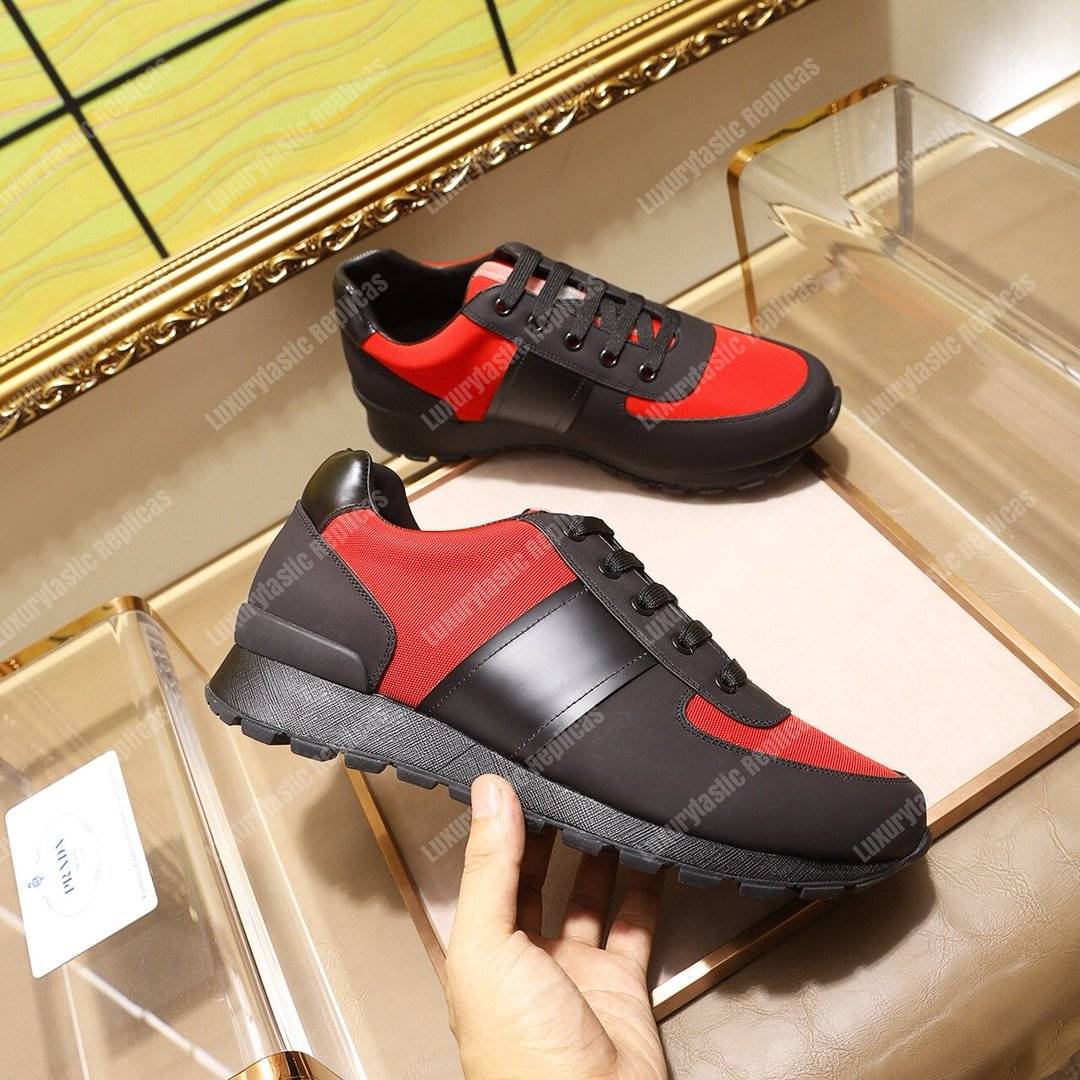 Pra*a fabric and leather sneakers red/black