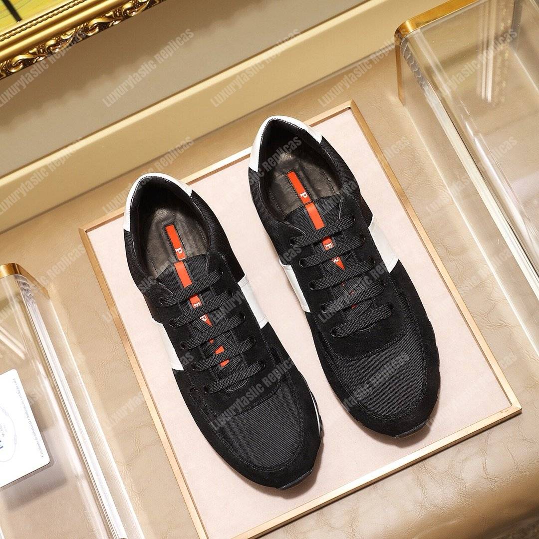 Pra*a fabric and leather sneakers black/white
