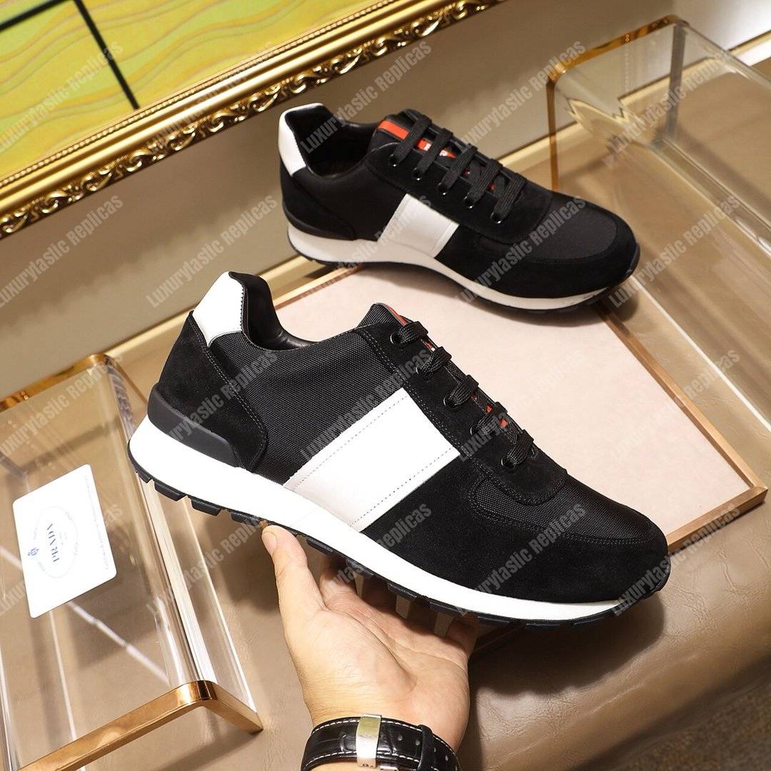 Pra*a fabric and leather sneakers black/white