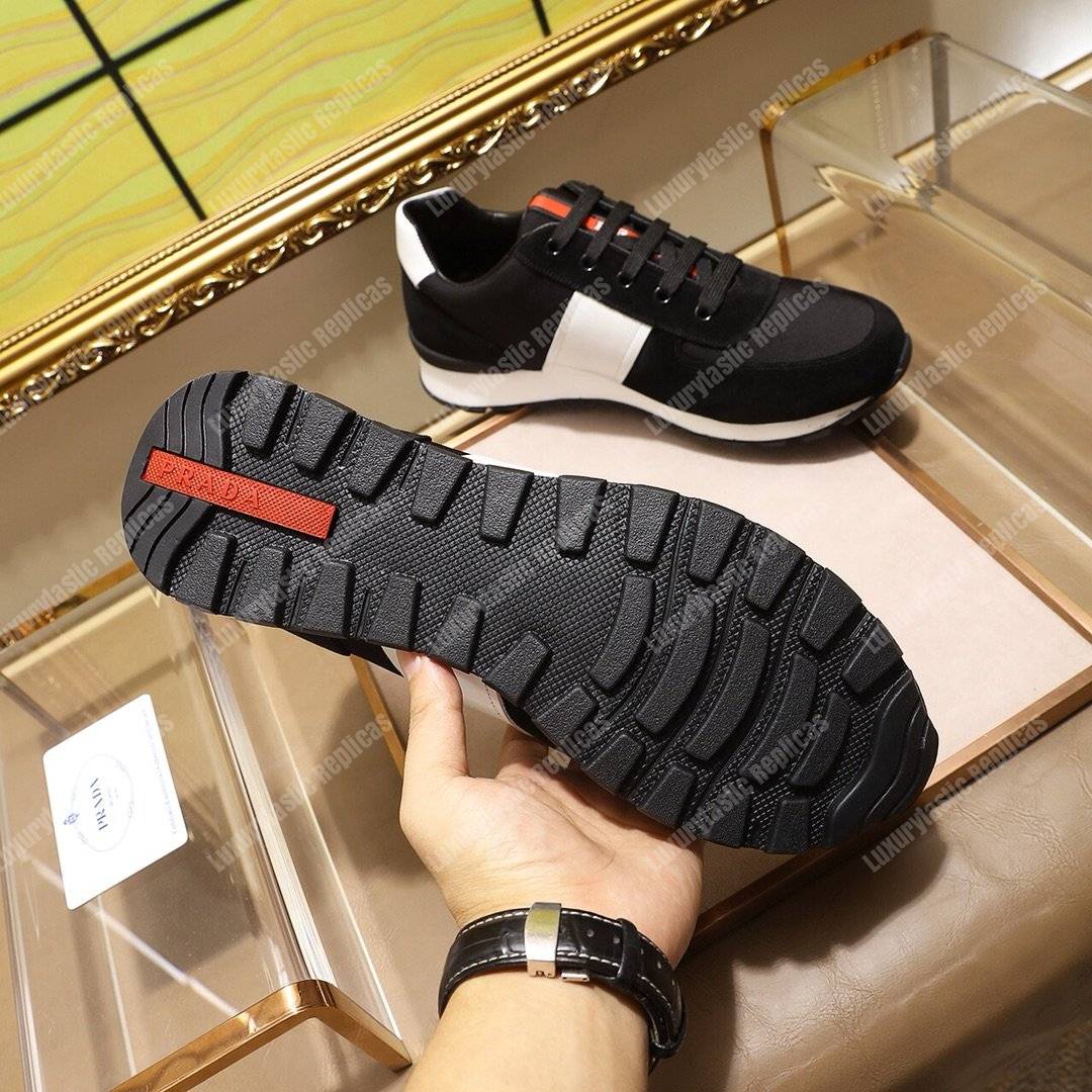 Pra*a fabric and leather sneakers black/white