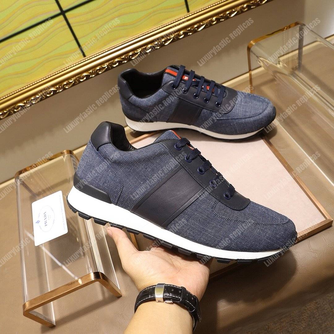 Pra*a fabric and leather sneakers blue/black