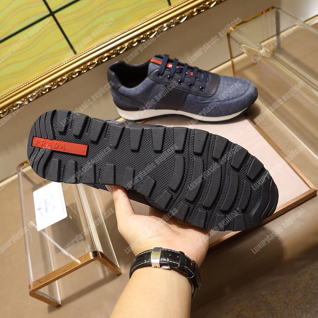 Pra*a fabric and leather sneakers blue/black