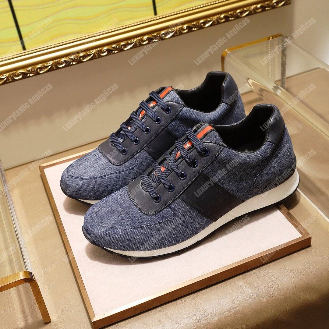 Pra*a fabric and leather sneakers blue/black