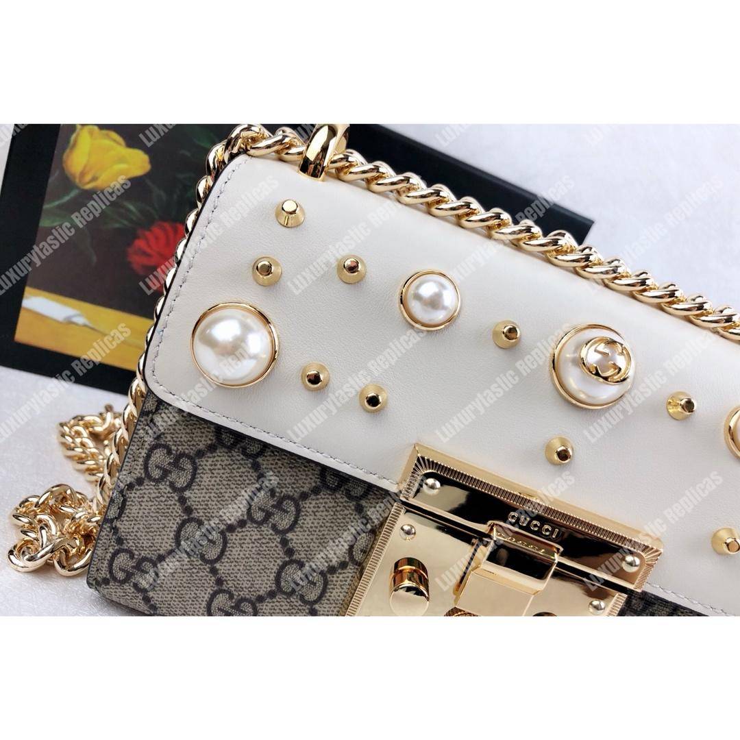 G*u*i gg sup*e padlock shoulder bag white with pearls