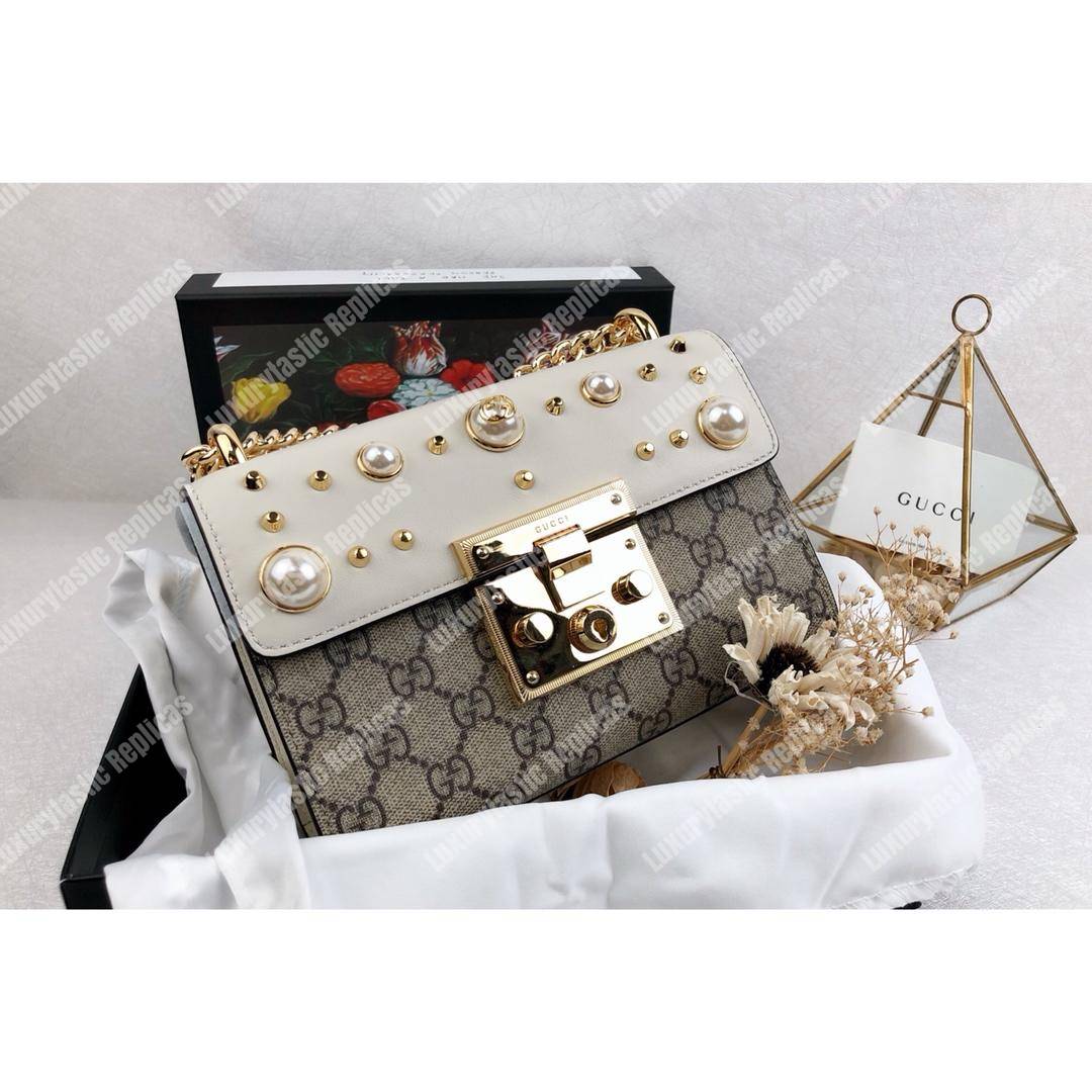 G*u*i gg sup*e padlock shoulder bag white with pearls