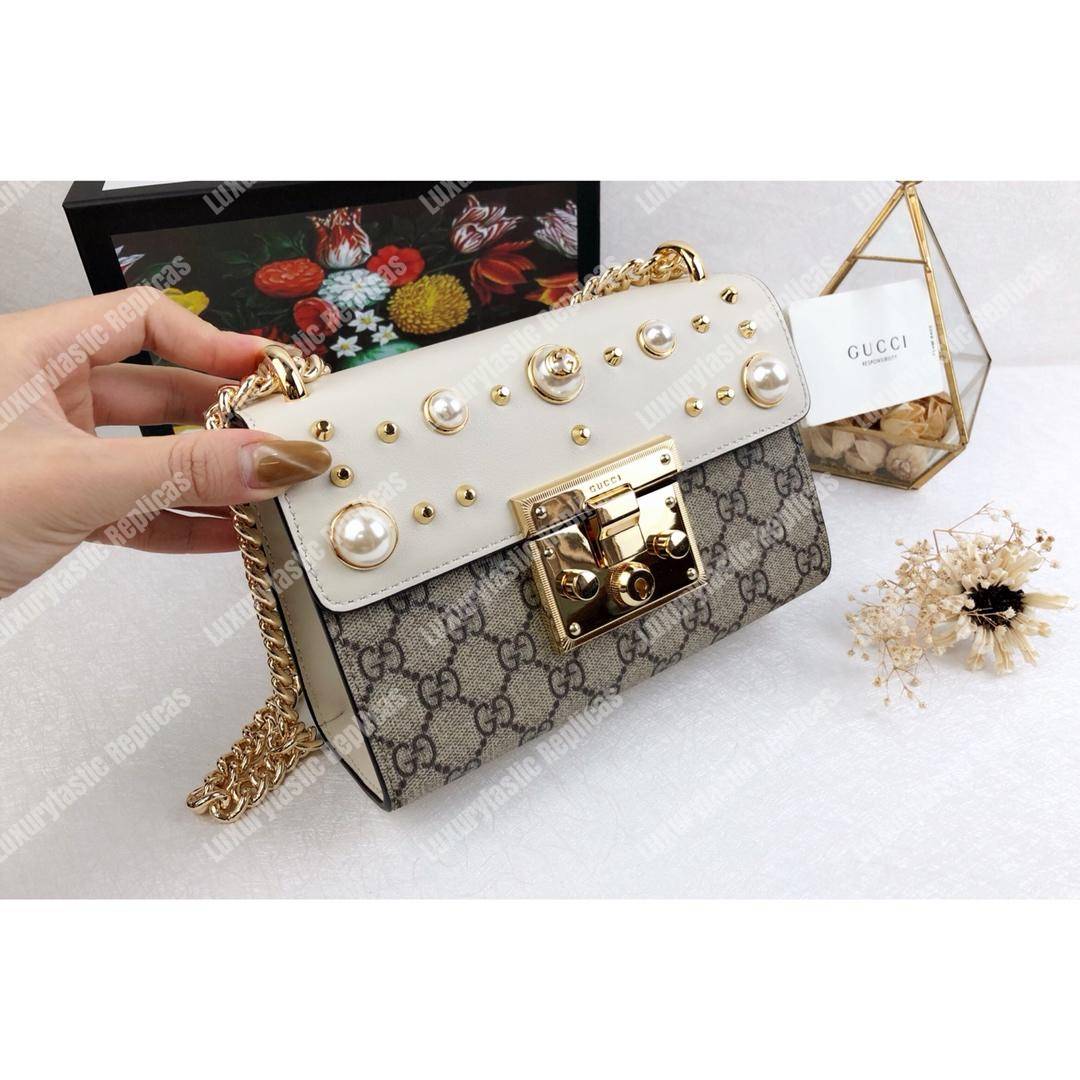 G*u*i gg sup*e padlock shoulder bag white with pearls
