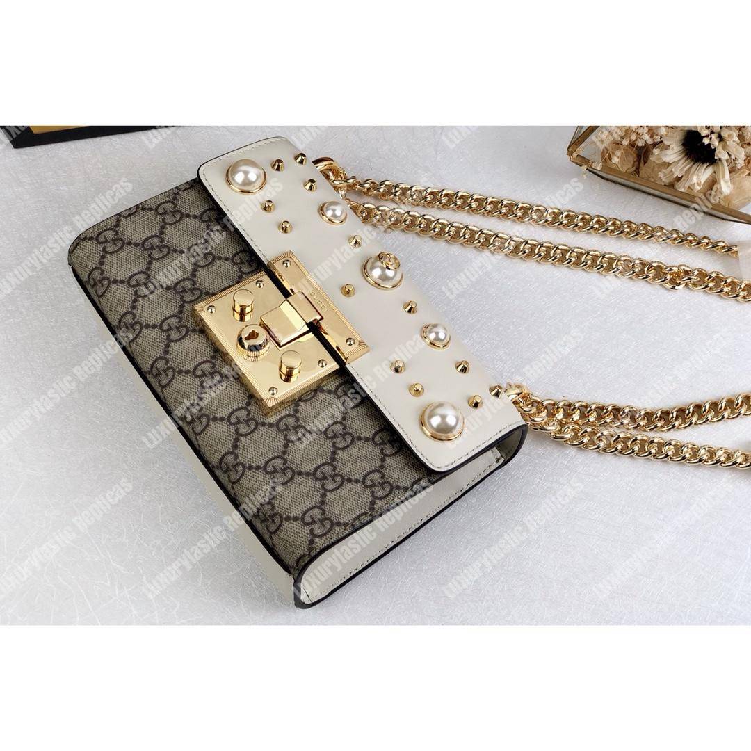 G*u*i gg sup*e padlock shoulder bag white with pearls
