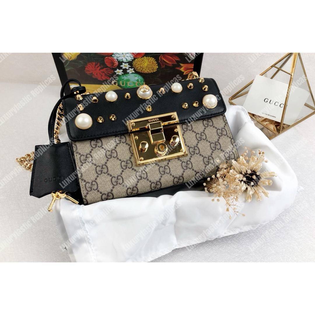G*u*i gg sup*e padlock shoulder bag black with pearls