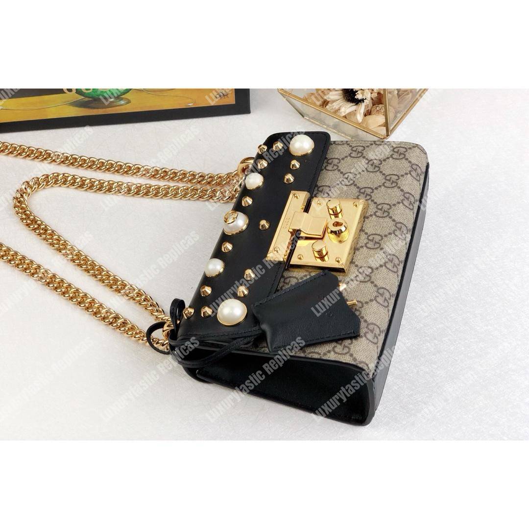 G*u*i gg sup*e padlock shoulder bag black with pearls